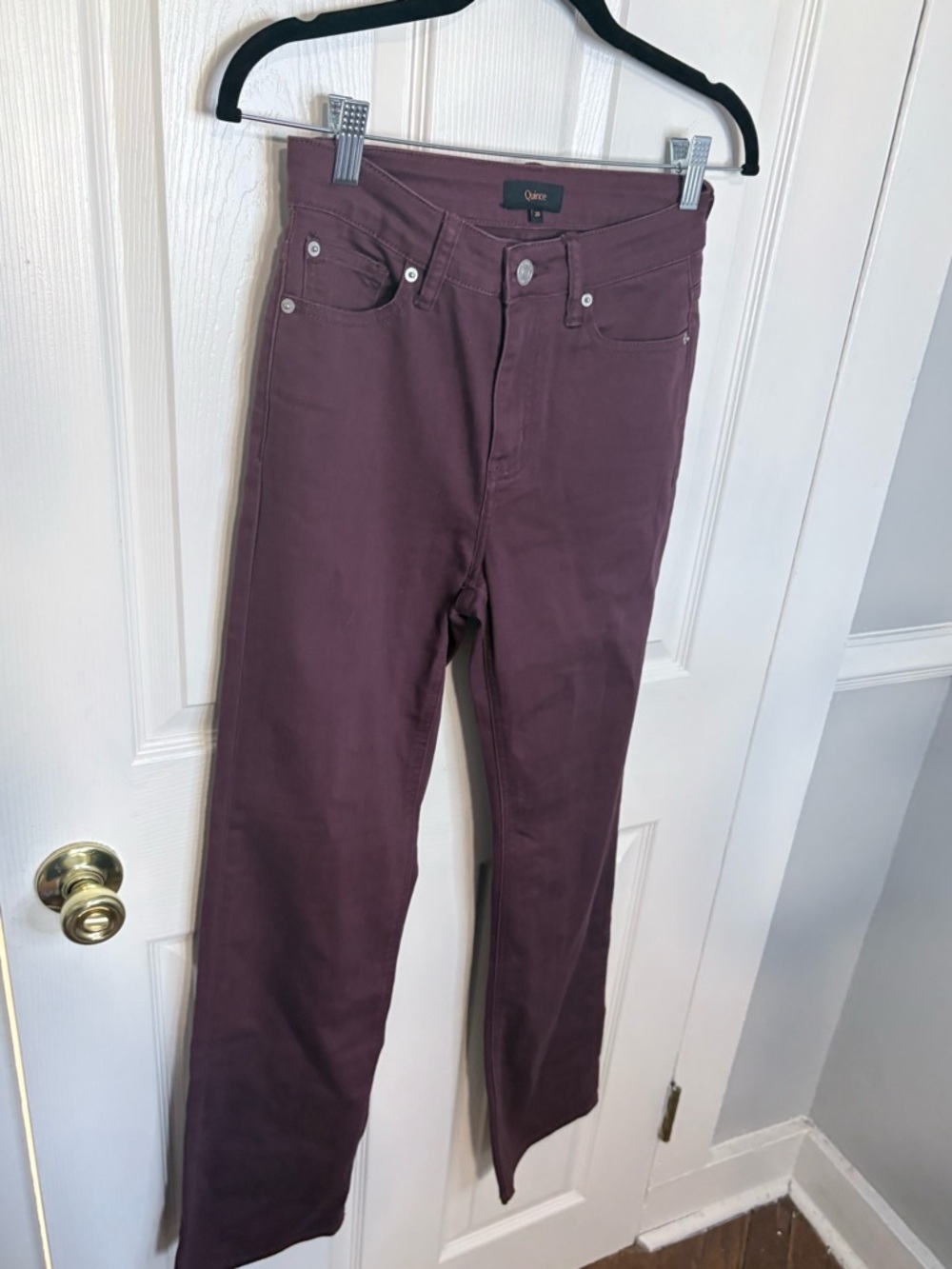 Quince Bella Stretch Straight Jeans Wine Red High Rise Size 26 30” Inseam - Picture 5 of 12